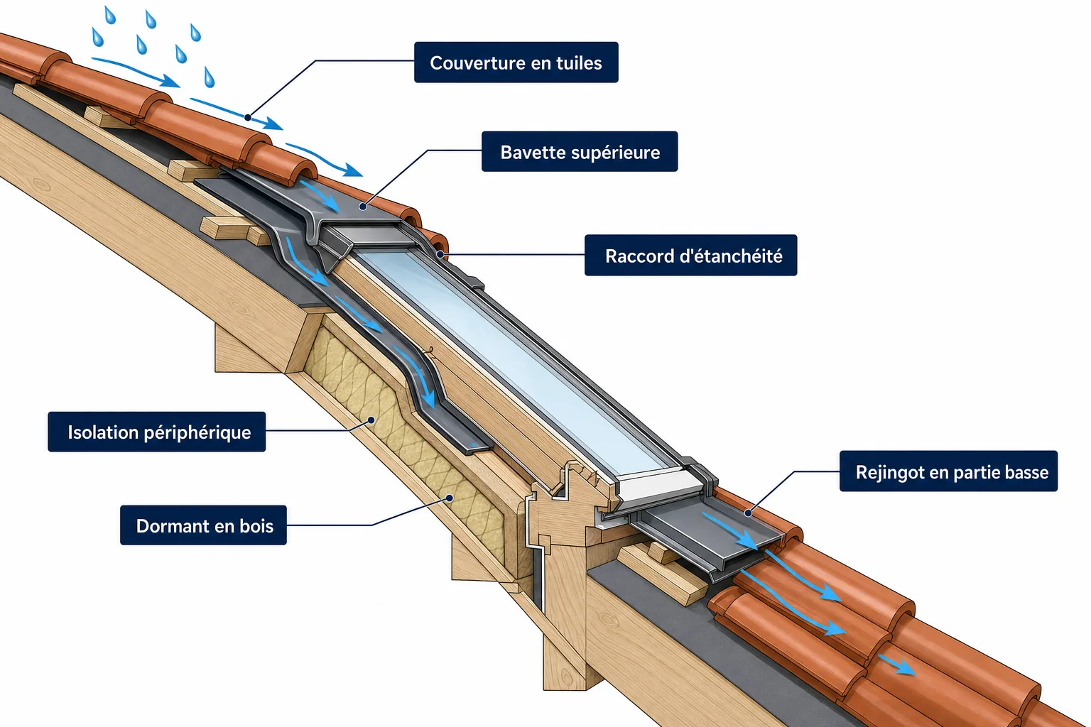 Coupe d'un Velux montrant le raccord d'étanchéité et la bavette, zones où l'eau s'infiltre avant d'atteindre la vitre